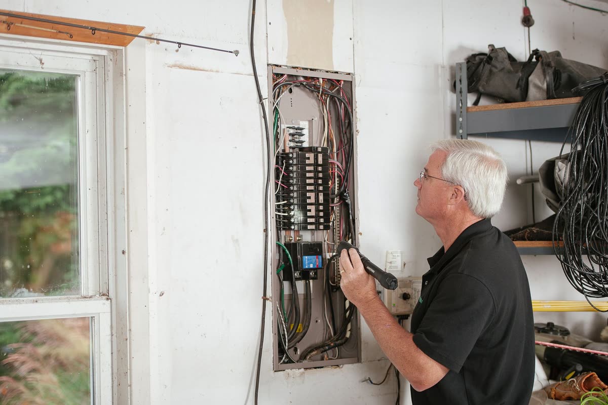 An electrician checking a residential breaker panel, used in the fictional Kestrel Electric concept